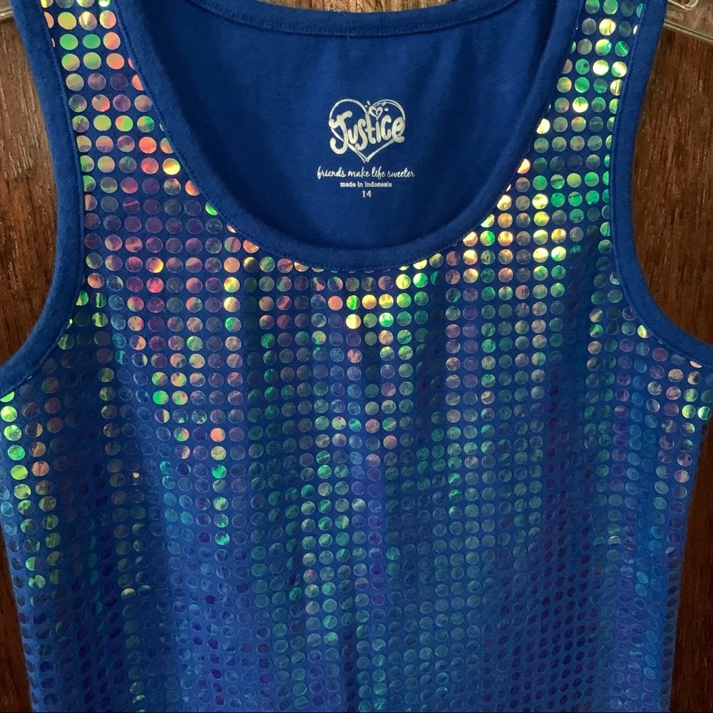 JUSTICE Sequin Top Blue Sleeveless Iridescent Mermaid Girls Size 14